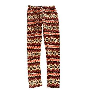 Just Cozy Festive Patterned Warm Fuzzy Leggings Red Brown Black Tan